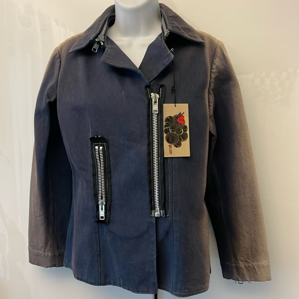 Vintage handmade heavyweight structured distressed denim moto jacket XS